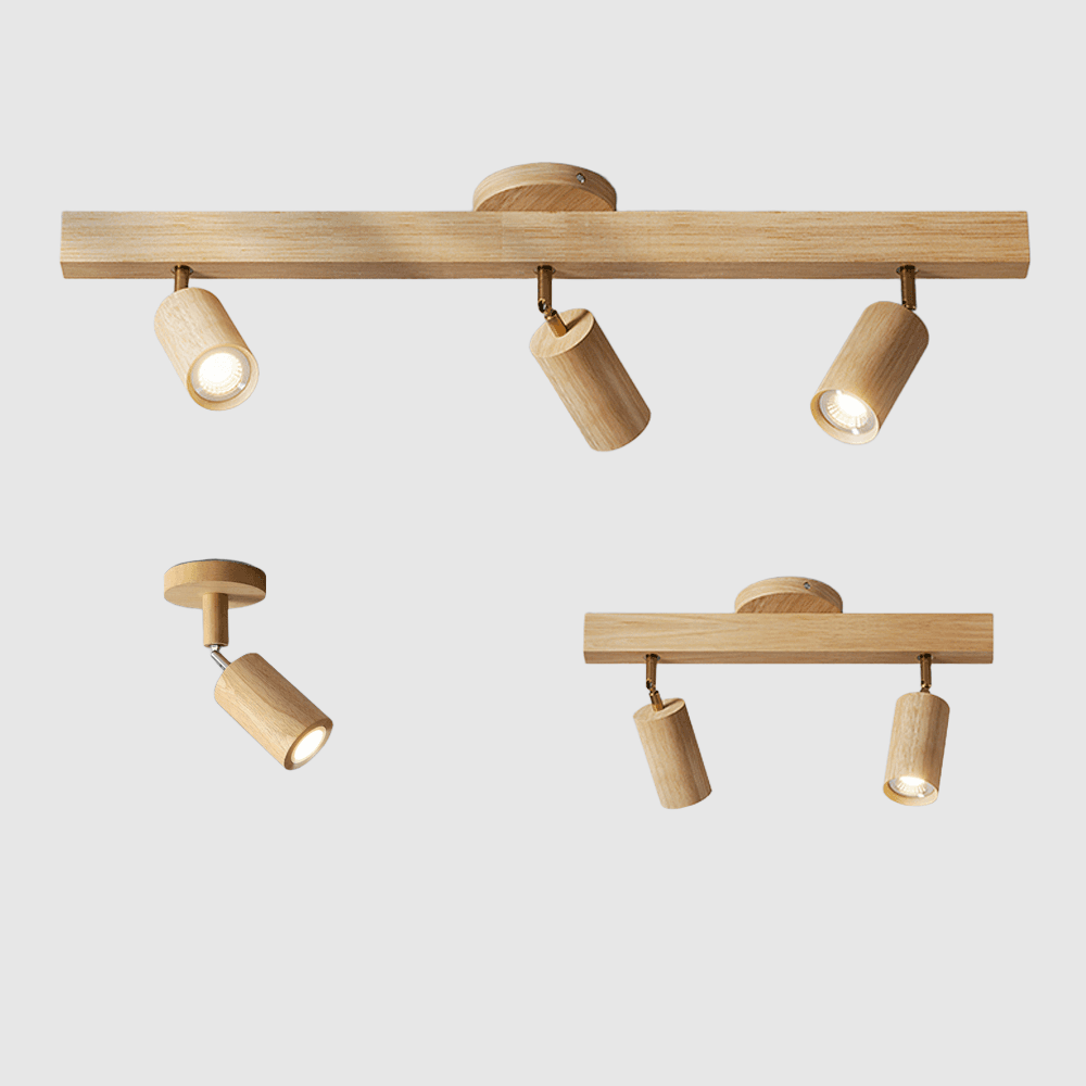 Skandinavische LED-Deckenlampe aus hellem Holz, minimalistisch & verstellbar.