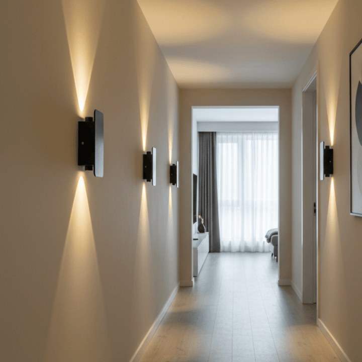 Minimalistische schwarze LED Wandleuchte für modernes Wohnzimmer. Stilvolles, energieeffizientes Design mit warmweißem Licht.
