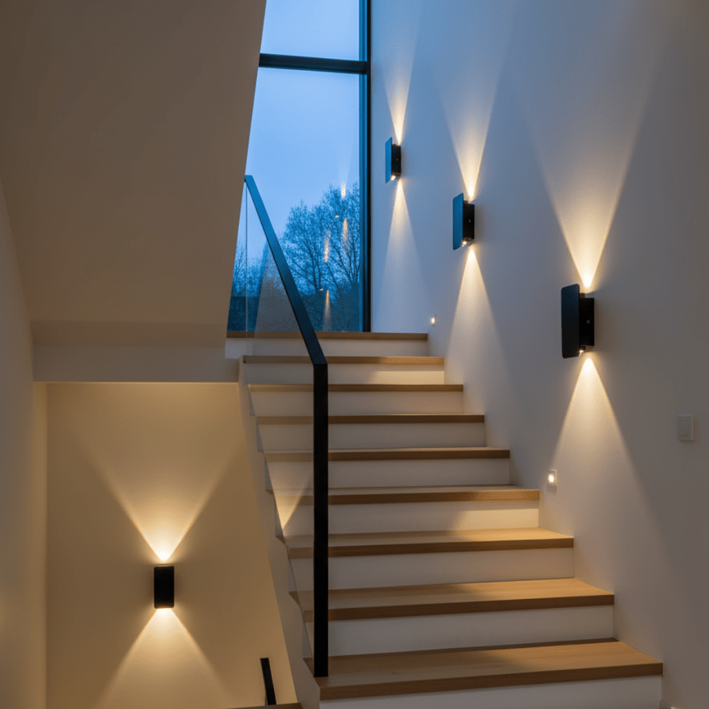 Elegante goldene LED Wandleuchte, minimalistisch. Perfekt für stilvolle Akzentbeleuchtung im Flur oder Schlafzimmer.
