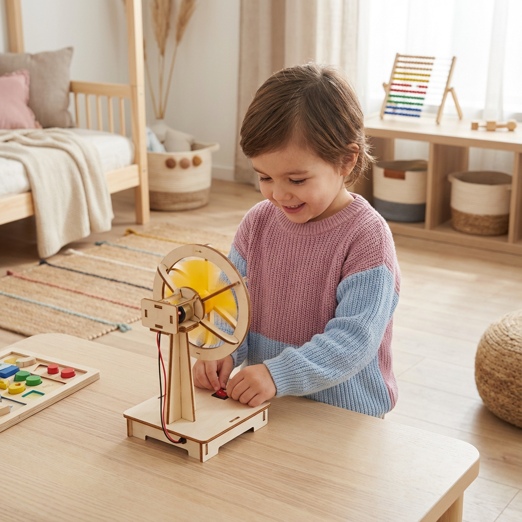 Ein Kind baut begeistert ein Physik-Experiment mit dem MINT Lernspielzeug DIY Kit.