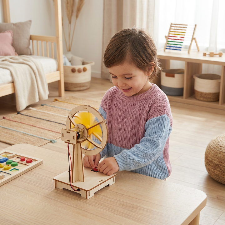 Ein Kind baut begeistert ein Physik-Experiment mit dem MINT Lernspielzeug DIY Kit.