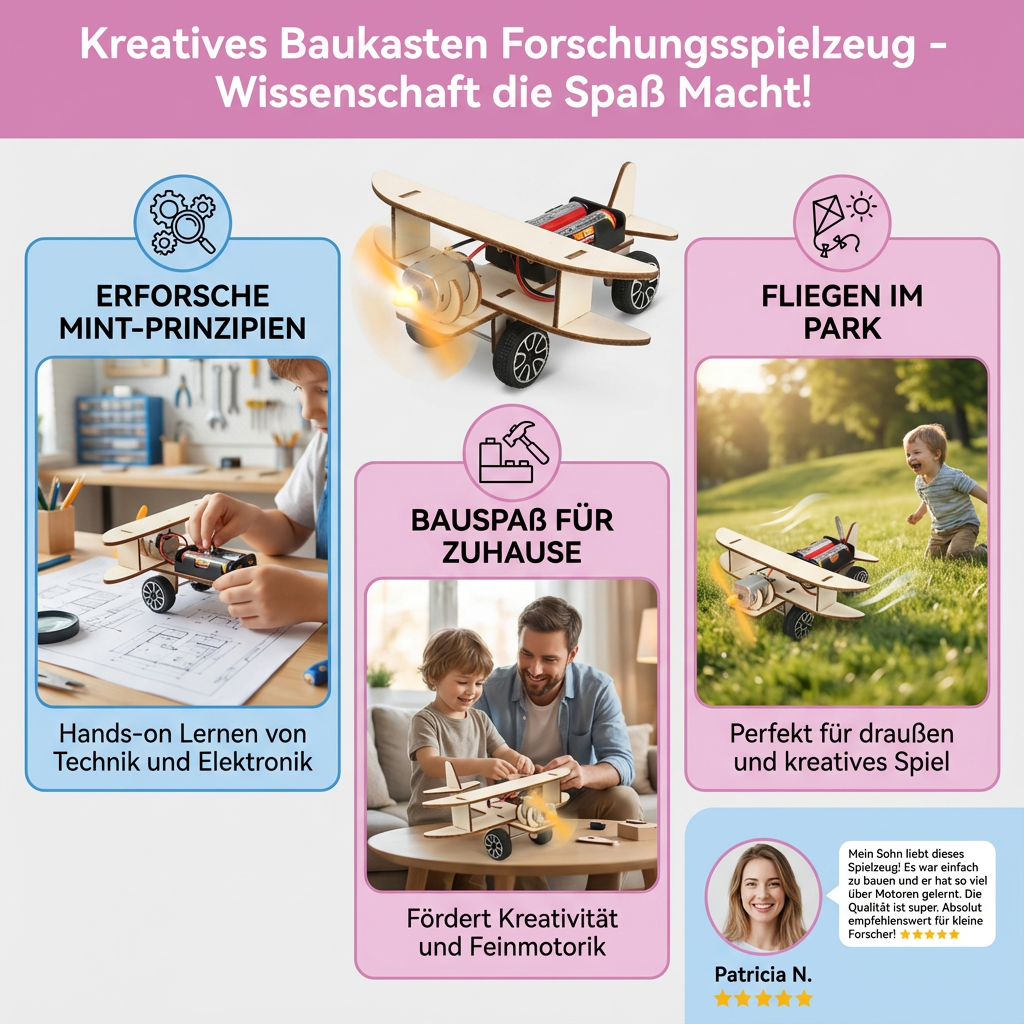Alle Bauteile des MINT Forschungsspielzeugs übersichtlich ausgelegt, bereit zum Bauen & Lernen.
