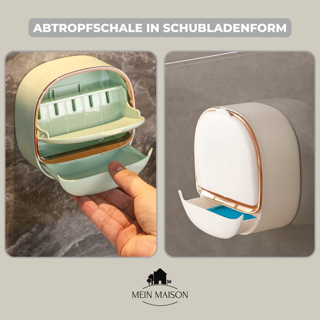 Dunkelgrüne, bohrfreie Wand-Seifenbox SeifenGlanz. Hält Seife trocken & Bad stilvoll ordentlich.