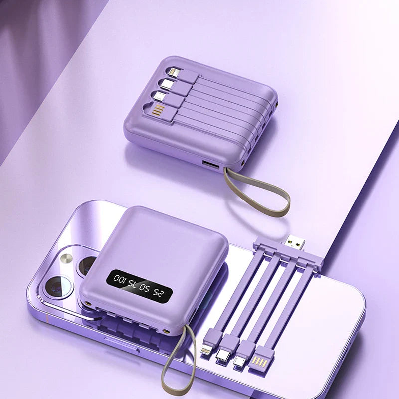 Mobile Powerbank 20.000mAh mit Spiegel-Display & integrierten Ladekabeln für USB-C, Lightning, Micro-USB.