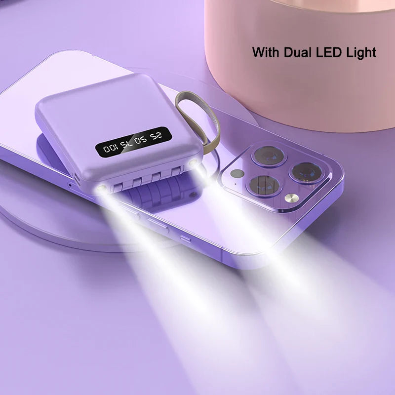 Leistungsstarke 20.000mAh Powerbank mit festen USB-C, Lightning, Micro-USB Kabeln & Spiegel-Display. Schnelle Ladung.