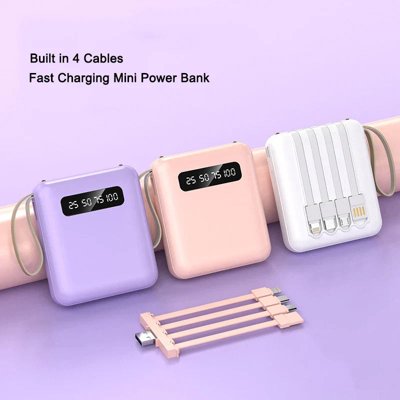 Reise-Powerbank 20.000mAh mit Spiegel-Display, integrierten Ladekabeln für USB-C, Lightning, Micro-USB. Mobil.