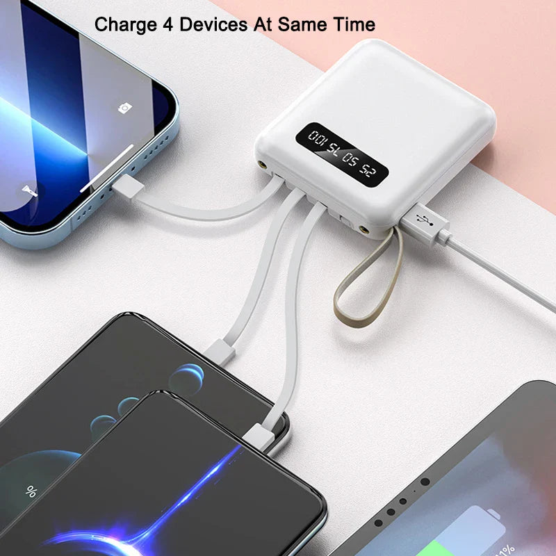 Schnelllade Powerbank 20.000mAh mit Spiegel-Display & universellen integrierten Kabeln für alle Mobilgeräte.