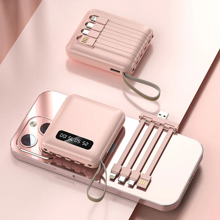 Kompakte 20.000mAh Powerbank mit Spiegel-Display, integrierten Schnellladekabeln (USB-C, Lightning, Micro-USB).