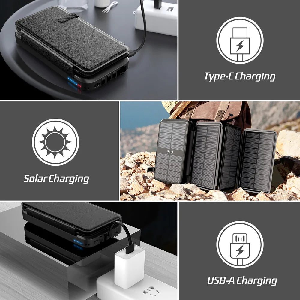 Kompakte Solar Powerbank 43800mAh, mobil, mit Schnellladung & kabellosem Qi Lader.