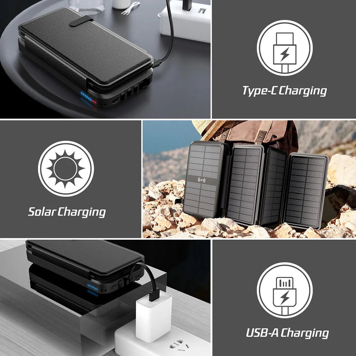 Kompakte Solar Powerbank 43800mAh, mobil, mit Schnellladung & kabellosem Qi Lader.
