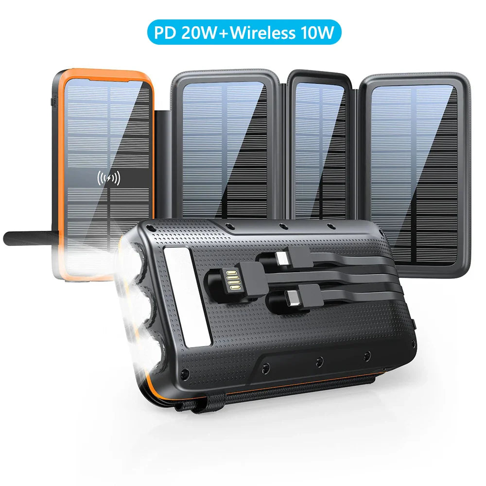 Strapazierfähige Solar Powerbank 43800mAh mit 20W PD und 10W Qi Wireless Ladung für unterwegs.