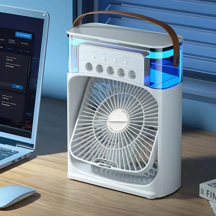 Mobiler 3-in-1 Luftkühler mit Ventilator, Luftbefeuchter & LED-Licht für angenehme Kühlung im Sommer.