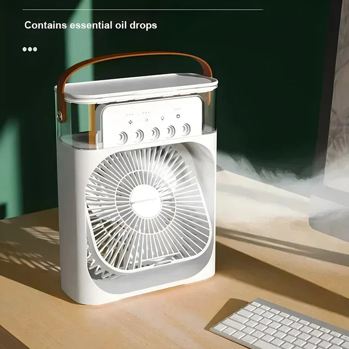 Moderner Luftkühler mit USB-C Anschluss, integriertem Luftbefeuchter und ambientem LED-Licht.