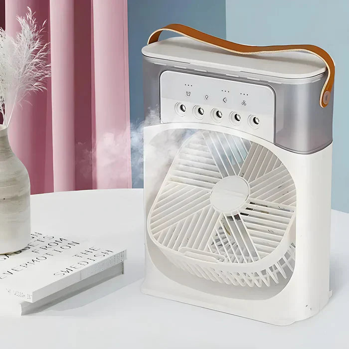 Detailansicht des 3-in-1 Luftkühlers: Bedienfeld mit LED-Licht & Ventilator-Steuerung für optimale Kühlung.