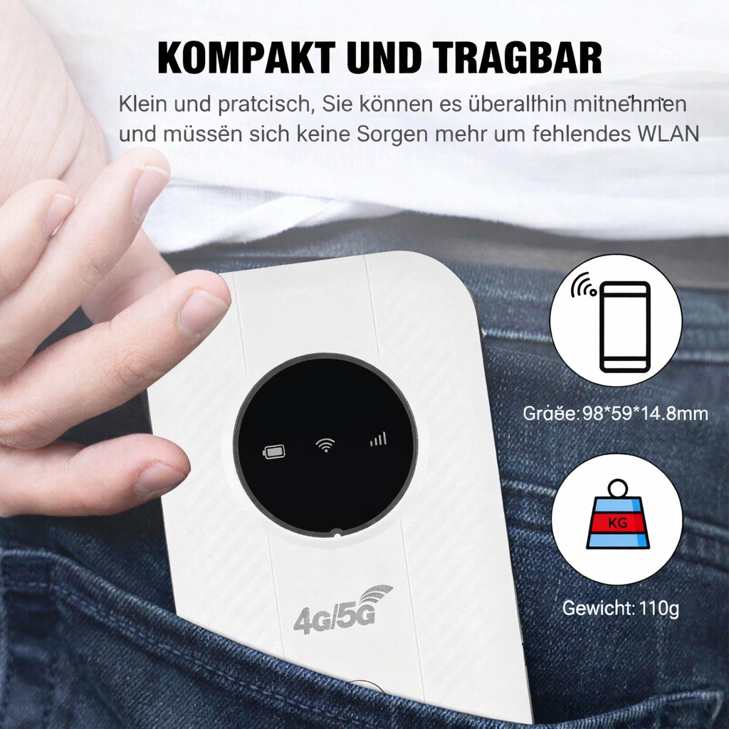 Mobiler 4G LTE WLAN Hotspot Router für schnelles Internet auf Reisen, ideal für digitale Nomaden & Geschäftsreisen.