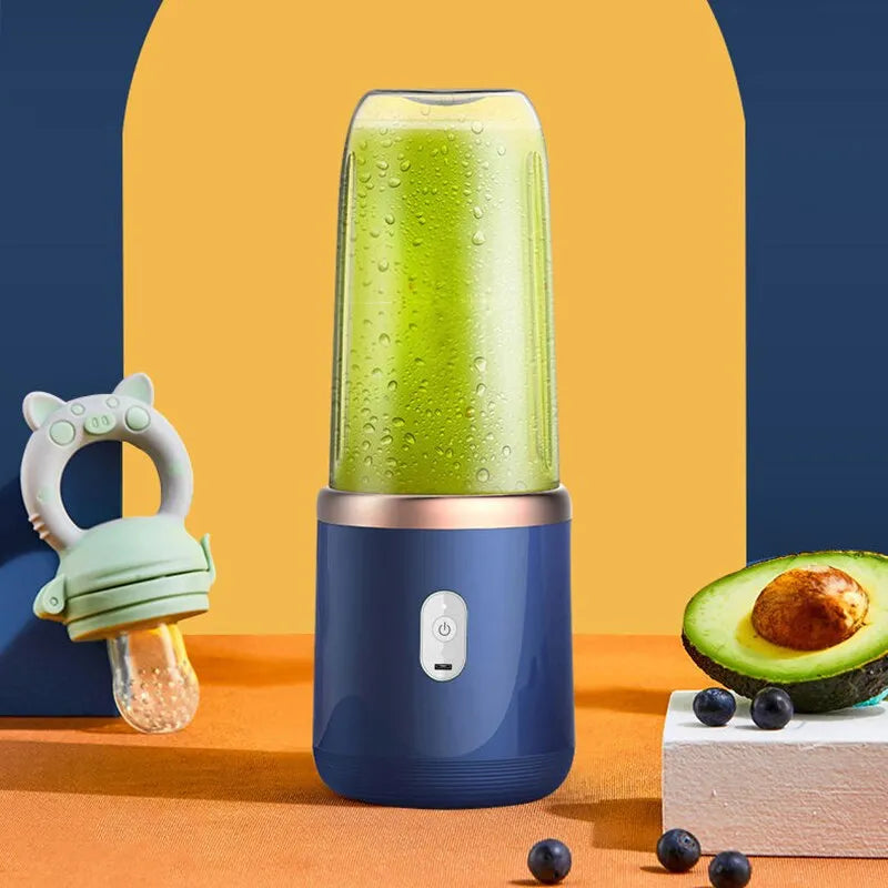Blauer, kabelloser Smoothie Maker & Entsafter, frisch & gesund, ideal für unterwegs.