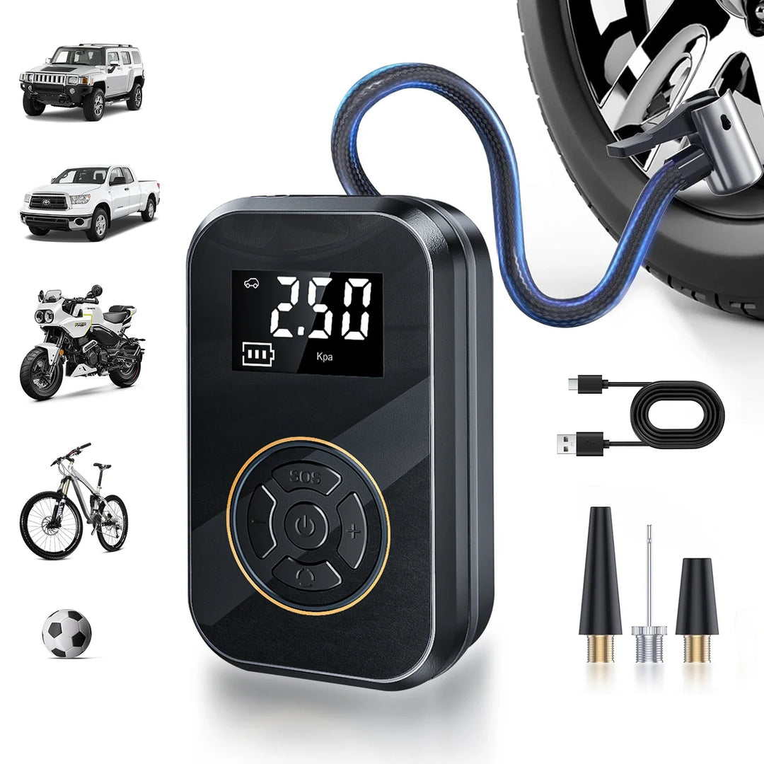Mobiler Kompressor & Powerbank für Auto, Fahrrad & Motorrad. Tragbare Reifenpumpe für unterwegs, Notfallset Autozubehör.