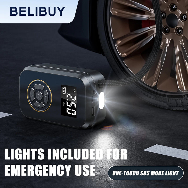 Kabelloser, mobiler Kompressor mit Powerbank. Tragbare Reifenpumpe für Auto, Fahrrad, Motorrad & Camping.