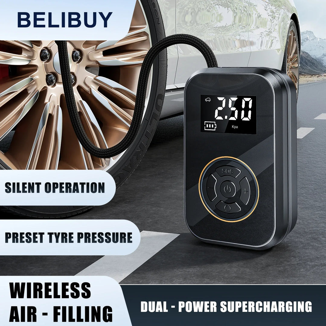 Tragbares Notfallset: Mobiler Kompressor & Powerbank für Auto, Motorrad & Fahrrad. Kabellose Reifenpumpe.