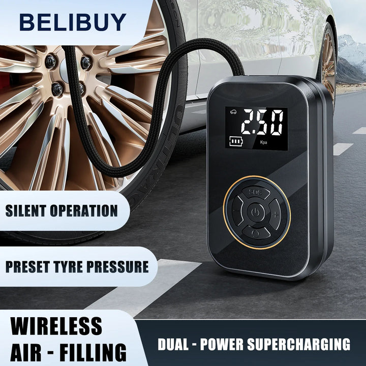 Tragbares Notfallset: Mobiler Kompressor & Powerbank für Auto, Motorrad & Fahrrad. Kabellose Reifenpumpe.