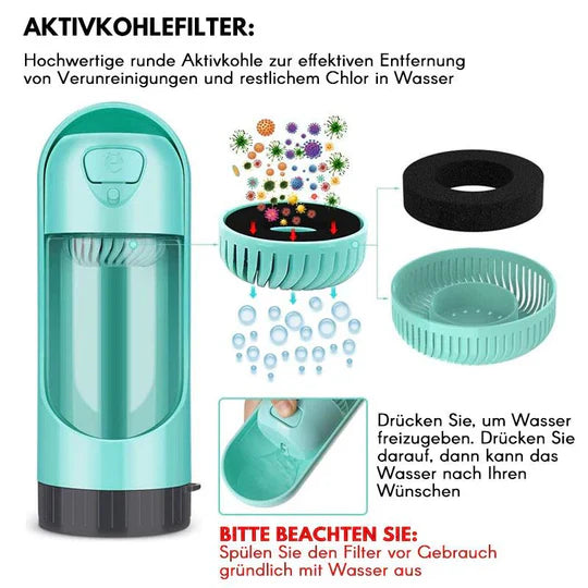 Mobiler Wassernapf mit Flasche für Tierbedarf, ideal für Reisen, Wanderungen und längere Ausflüge.
