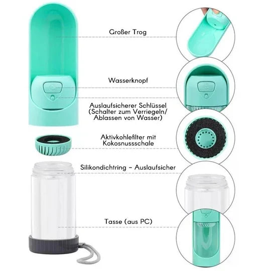 Innovativer Trinkspender für Haustiere, speziell für unterwegs konzipiert, für frisches Wasser jederzeit.