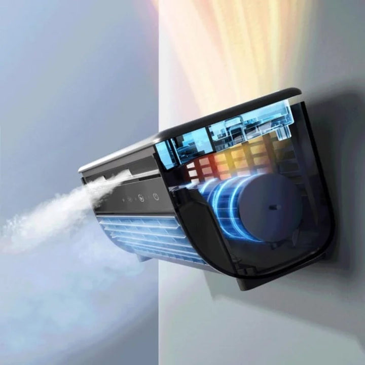 Flexibles Klimagerät zur Wandmontage oder als Tischventilator. Effiziente Abkühlung zu Hause.