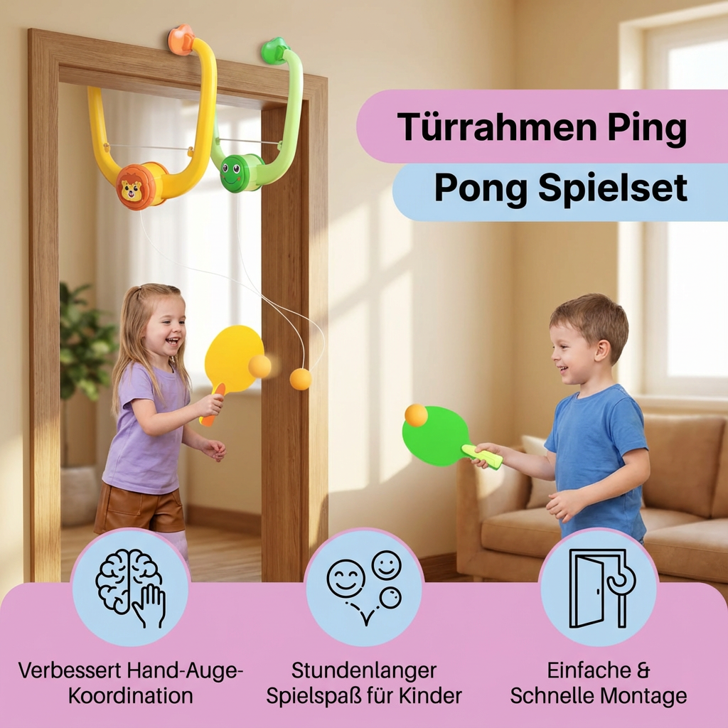 Familienspiel Tischtennis-Set: Kinderspielzeug für Geschicklichkeit & Koordination am Türrahmen.
