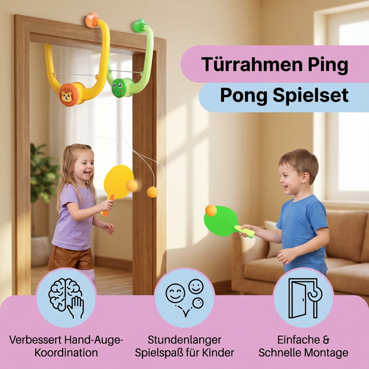 Familienspiel Tischtennis-Set: Kinderspielzeug für Geschicklichkeit & Koordination am Türrahmen.