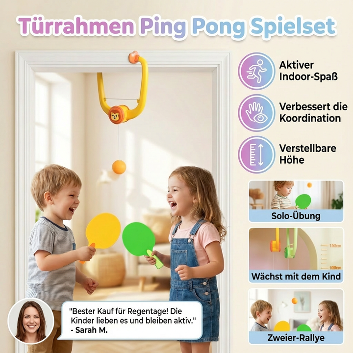 Kinder spielen begeistert Tischtennis mit dem mobilen Türrahmen-Set für drinnen.