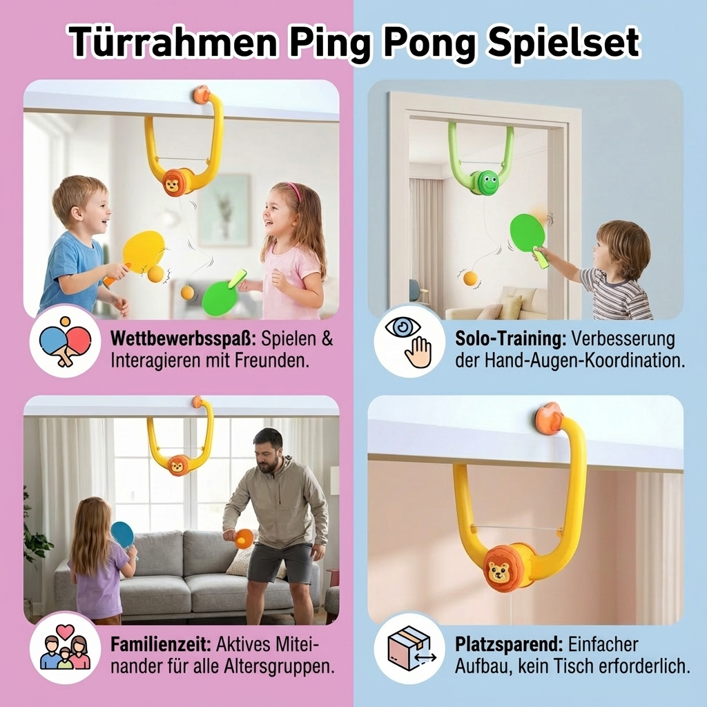 Komplettes Tischtennis-Set mit Schlägern & Bällen, einfach am Türrahmen zu montieren.