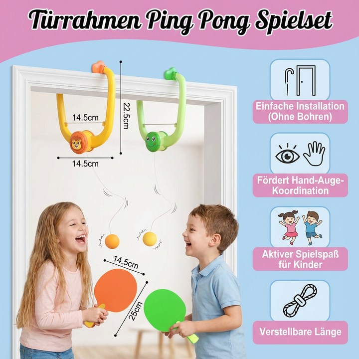 Schnelles Tischtennis-Set zum Einhängen in den Türrahmen, sofort spielbereit für die Familie.