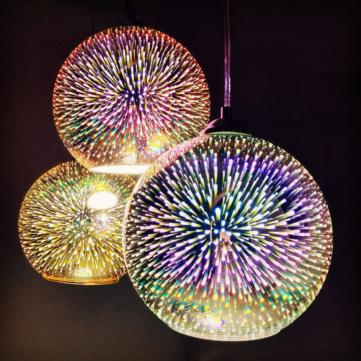 Moderne 3D Feuerwerk Glas Pendelleuchte, farbenfroher Lichtakzent für zeitgemäße Einrichtung.