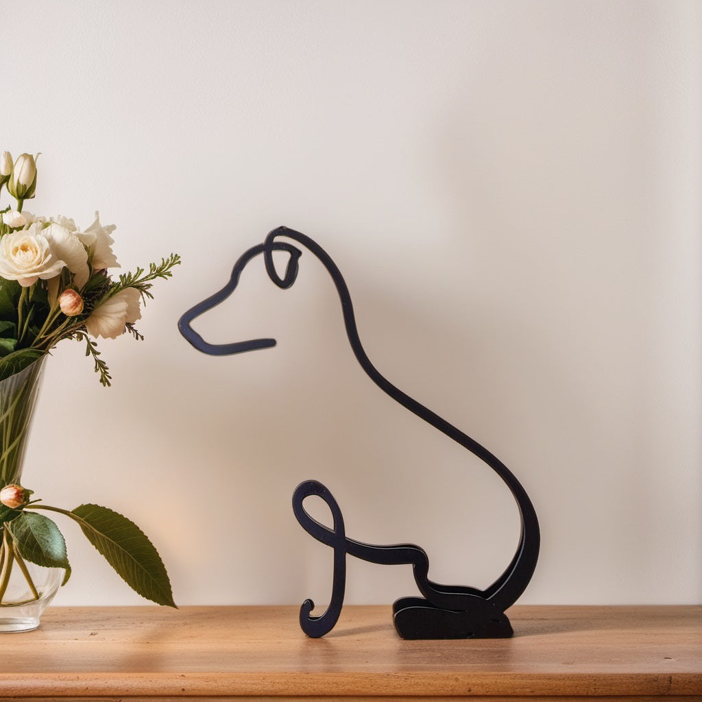 Kleine abstrakte Hundefigur in Schwarz, perfekt für Schreibtisch oder Kommode.