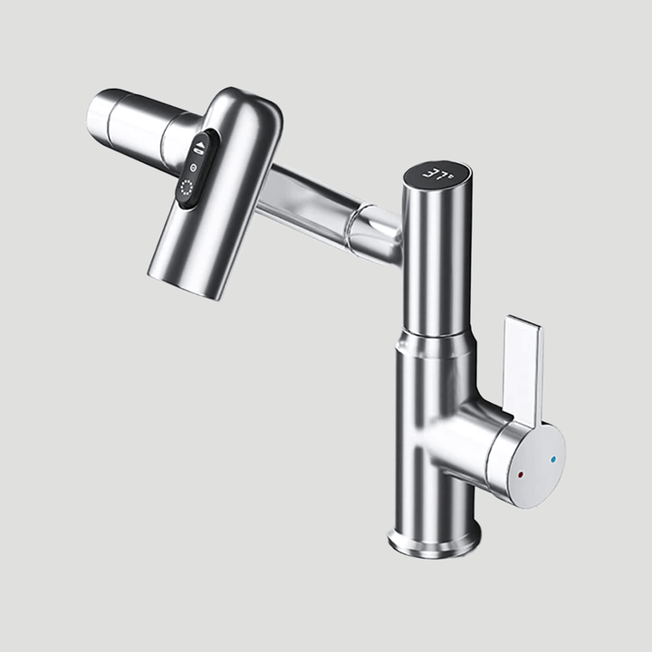 Drehbare AQUATWIST Küchenarmatur, 360° flexibel, stilvolles Chrom-Design für eine moderne und funktionale Küche.