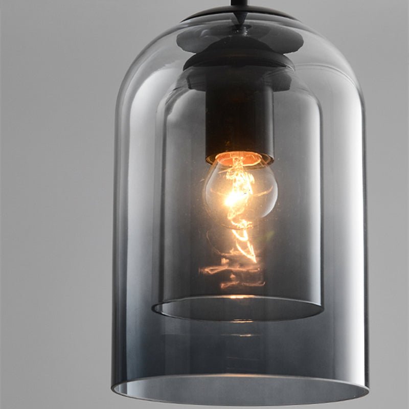 Moderne Doppelglas-Pendelleuchte AuraGlas, rauchgrau, dimmbar, perfekt für Esszimmer & Schlafzimmer Beleuchtung.