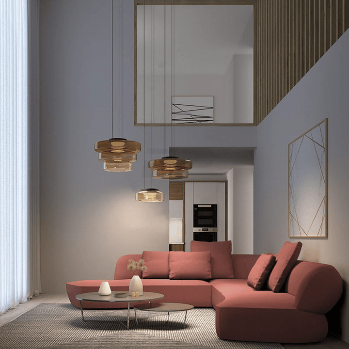 Moderne Wohnzimmerlampe AuroraSphere im Bauhaus-Stil. Elegante Glasleuchte mit LED-Option.