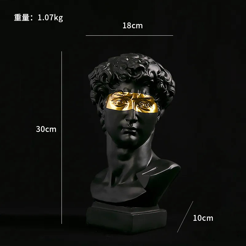 Goldene David Büste Skulptur, moderne Kunst Dekoration, handgefertigt. Edles Designobjekt für luxuriöse Wohnkultur.