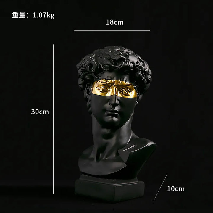Goldene David Büste Skulptur, moderne Kunst Dekoration, handgefertigt. Edles Designobjekt für luxuriöse Wohnkultur.