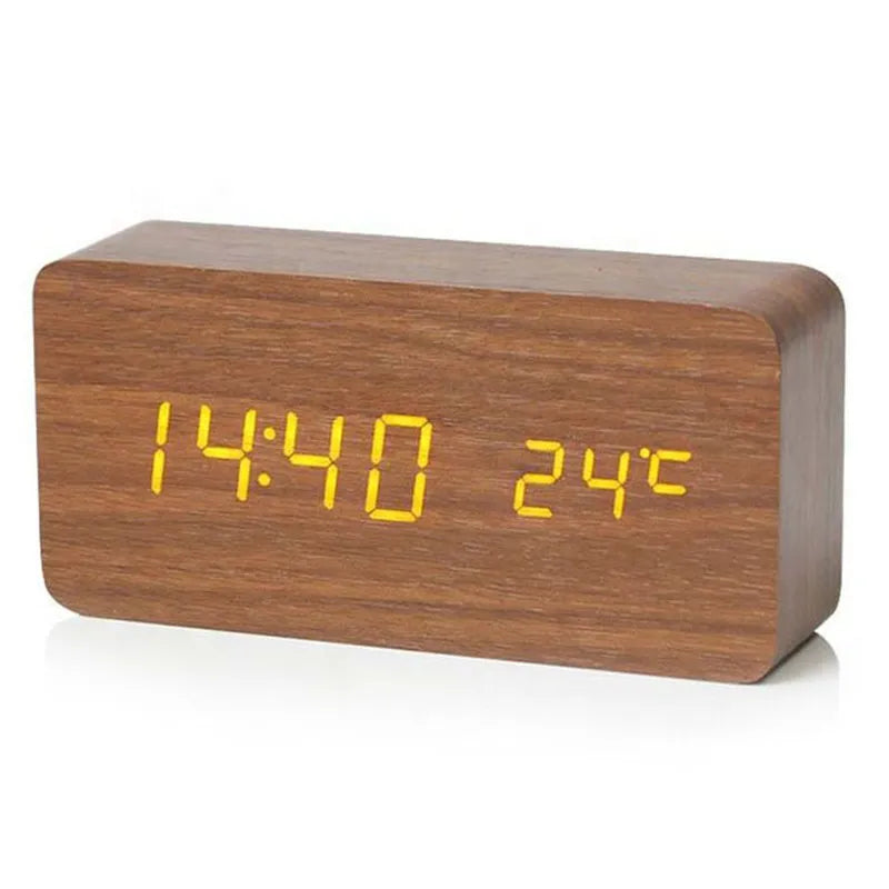 Schicke digitale Nachttischuhr aus Holz mit LED-Zeit- & Temperaturanzeige, integrierter Wecker.