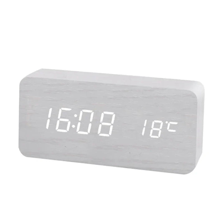 Minimalistische digitale Holzuhr mit heller LED-Anzeige, integrierter Temperaturfunktion. Stilvolle Dekoration.