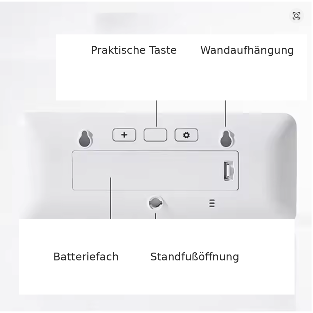 Stilvolle digitale Wand- & Tischuhr TimeGlow. Misst Temperatur & Luftfeuchtigkeit. Dimmbare Anzeige, integrierter Wecker.