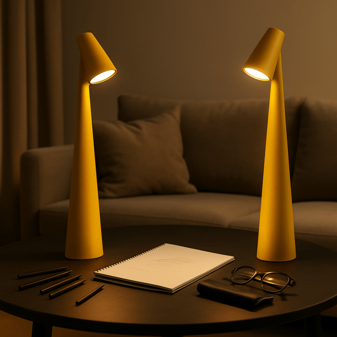 Minimalistische dimmbare LED Tischlampe, kabellos, wiederaufladbar. Modernes Ambiente Licht aus Metall.