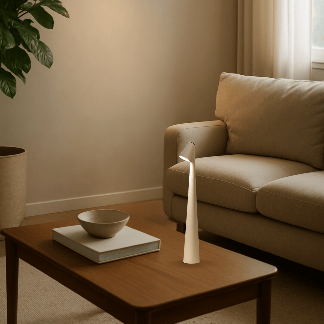 Moderne dimmbare LED Tischlampe, kabellos, wiederaufladbar. Perfektes Ambiente Licht für Indoor/Outdoor.