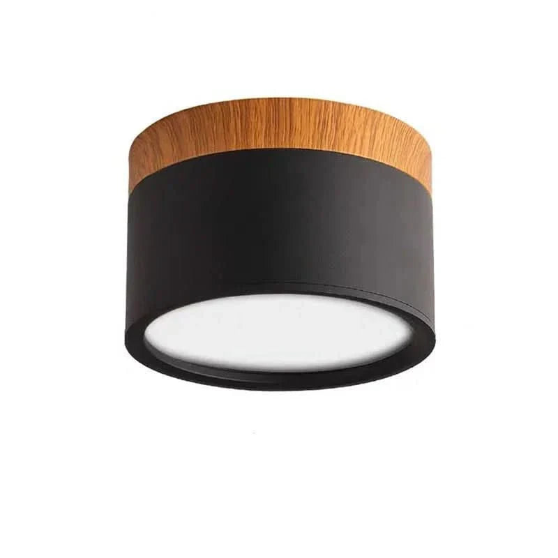 Ansicht der modernen dimmbaren LED Deckenleuchte Holzdesign. Energiesparende LED Beleuchtung für innen.