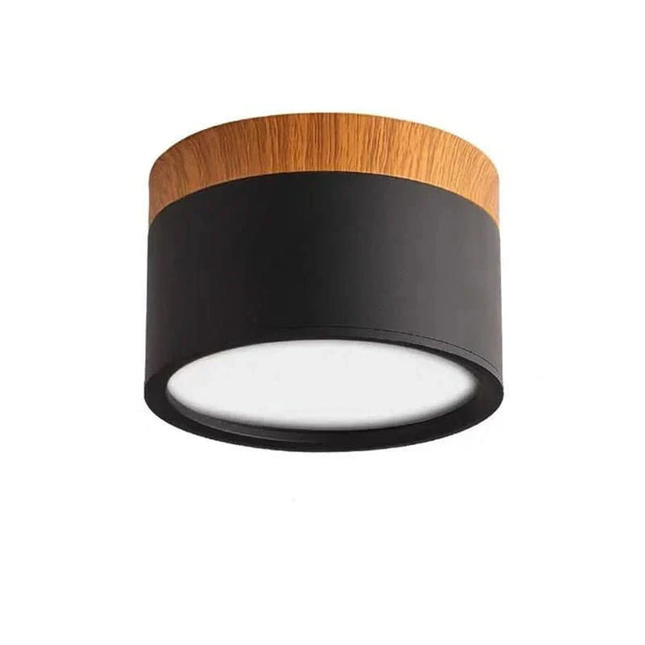 Ansicht der modernen dimmbaren LED Deckenleuchte Holzdesign. Energiesparende LED Beleuchtung für innen.