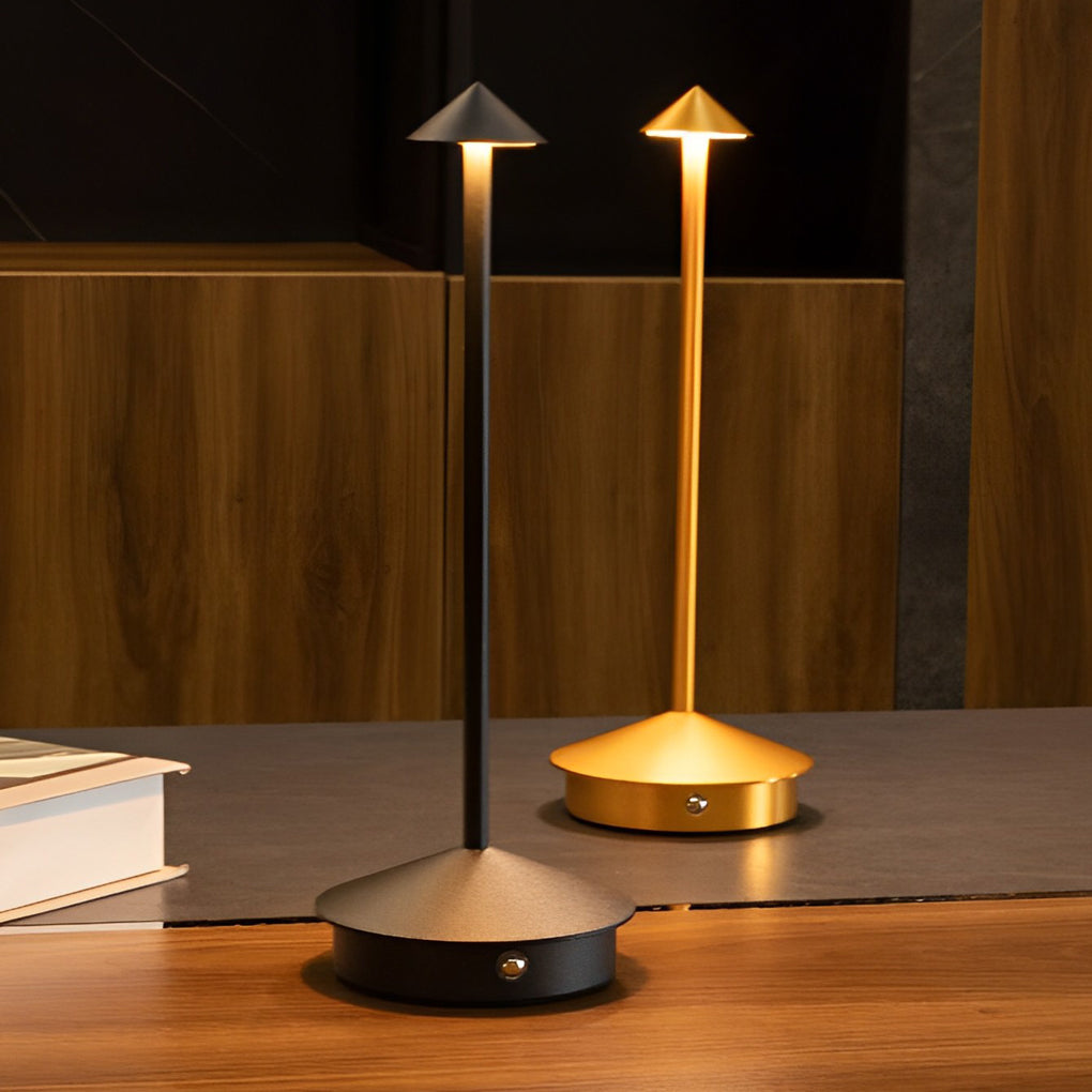 Dimmbare USB LED-Tischlampe mit Akku, kabellos, modernes Aluminium-Design, schafft warmweißes Ambiente.