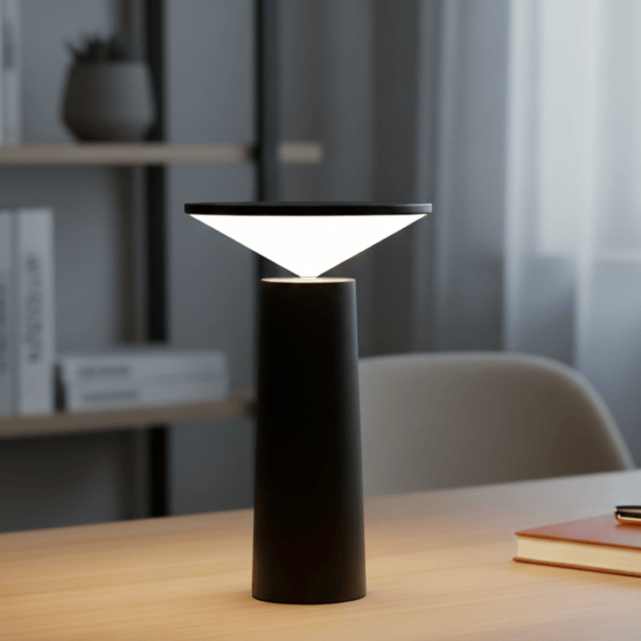 Moderne dimmbare LED Tischleuchte mit 360° drehbarem Schirm für flexible Akzentbeleuchtung.
