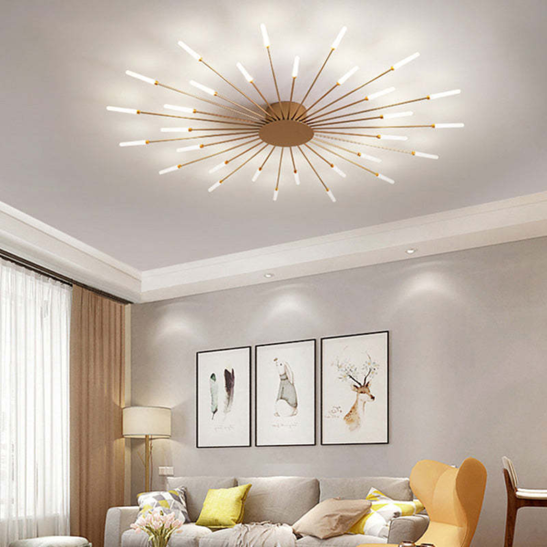 Moderne Schlafzimmer-Deckenleuchte, LED, Gold-Akzente, dimmbar, schafft Atmosphäre.