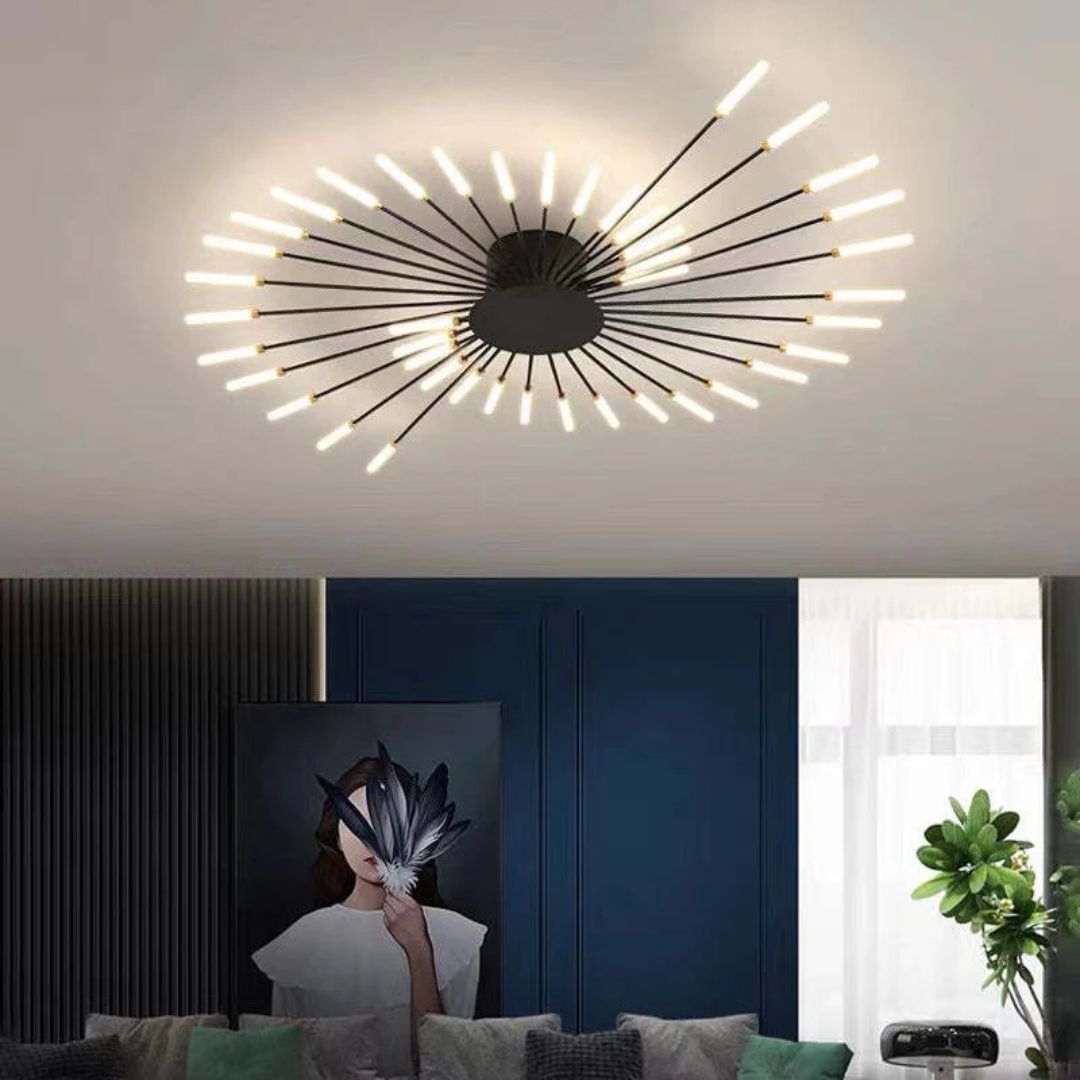 Dimmbare LED-Deckenlampe, Schwarz & Gold, ideal für Wohnzimmer und stilvolle Schlafzimmer.